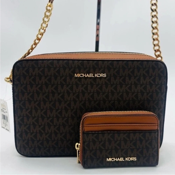 Michael Kors Large EW Crossbody Bag & Jet Set Travel ZA Card Case Wallet Brown - Picture 7 of 11